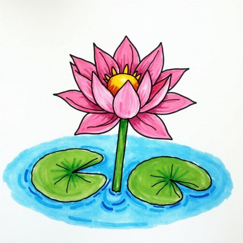 Hinh anh tranh hoa sen da to mau voi sac hong, xanh la, xanh duong cho be tap ve ky thuat to mau co ban.
