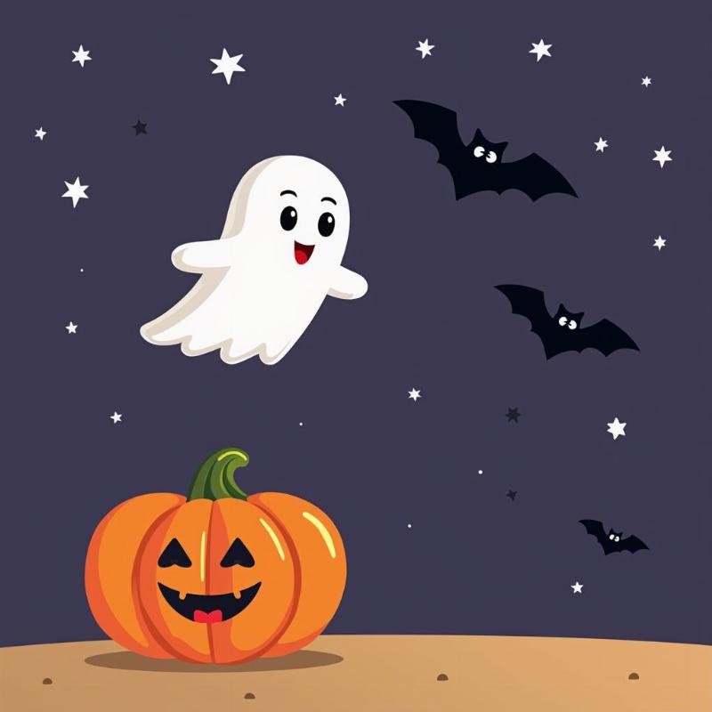 Hướng dẫn vẽ tranh Halloween cực đơn giản cho bé 6 Bức tranh halloween đơn giản đã được tô màu, với bí ngô, con ma, con dơi và nền trời đêm.